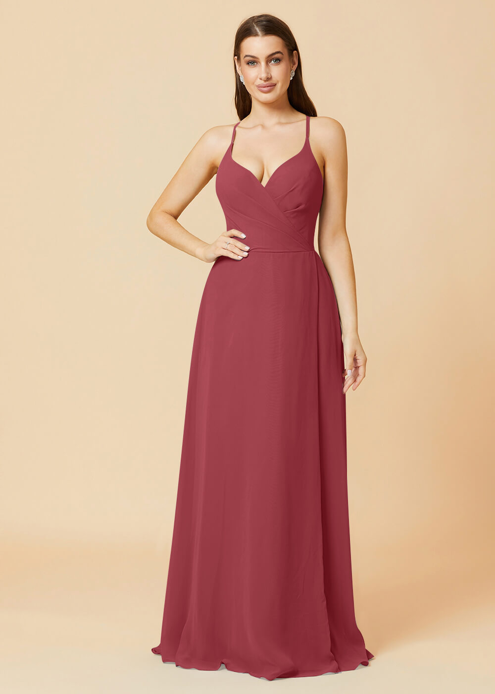 V-neck Spaghetti Strap Button Back Chiffon Bridesmaid Dress