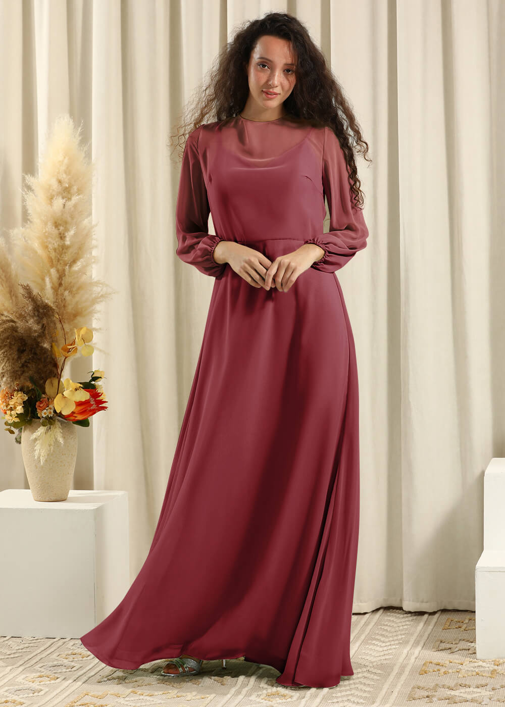 Long Sleeve A-line Chiffon Keyhole Back Bridesmaid Dress