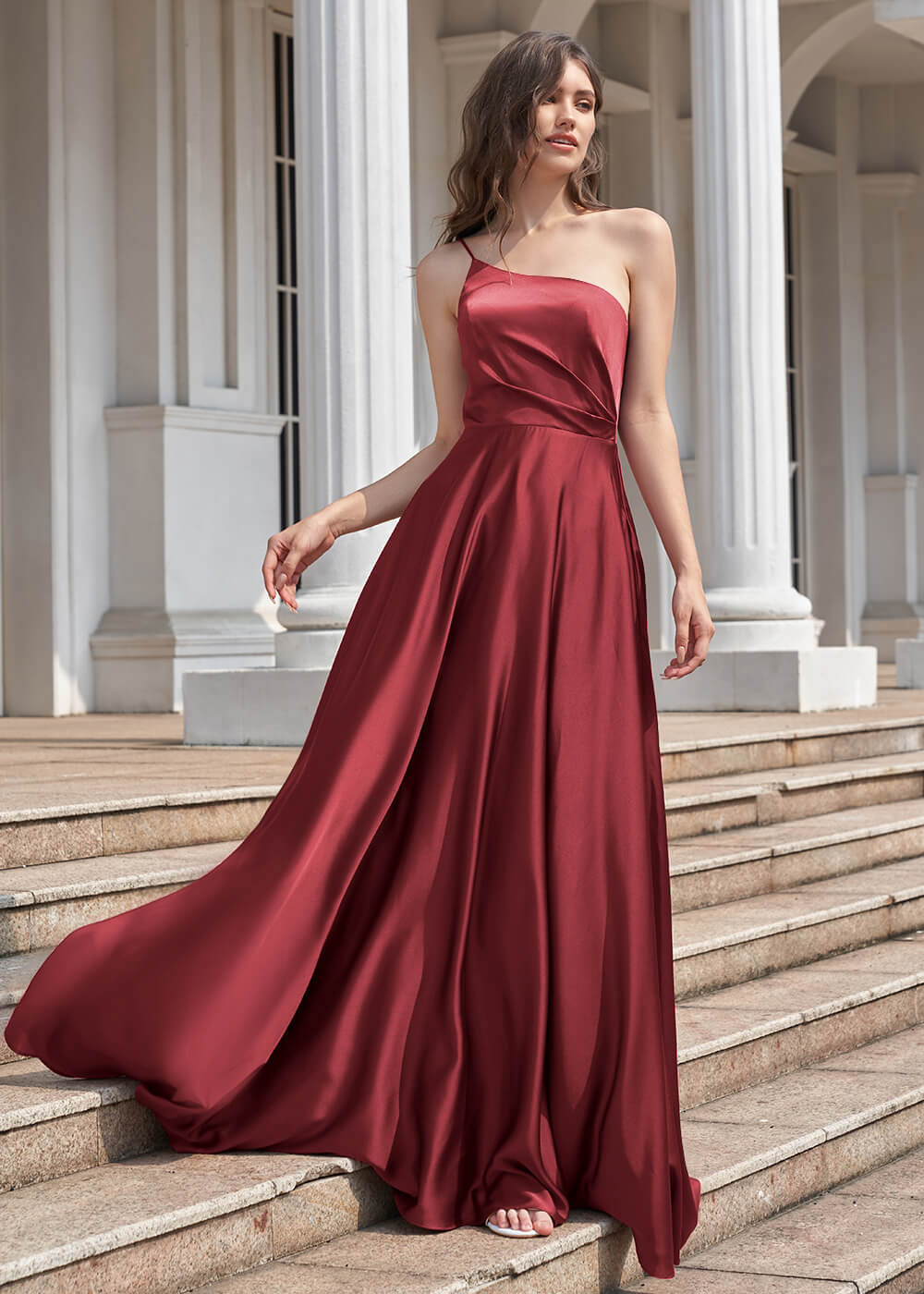 A-line Long One Shoulder Pleated Satin Bridesmaid Dress