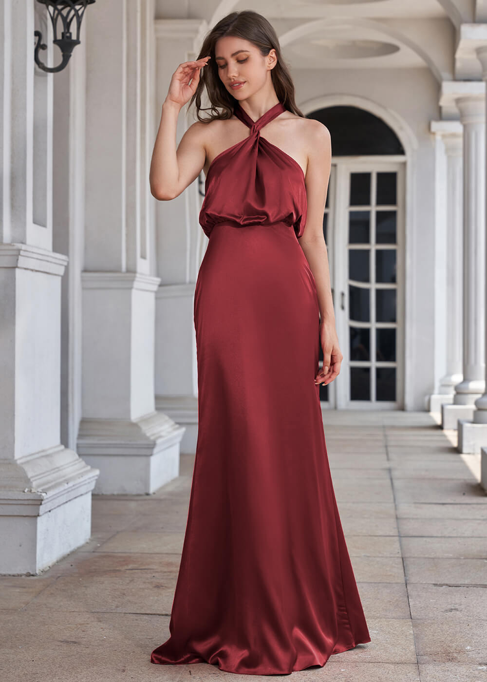Halter Neck Sheath Satin Floor Length Bridesmaid Dress