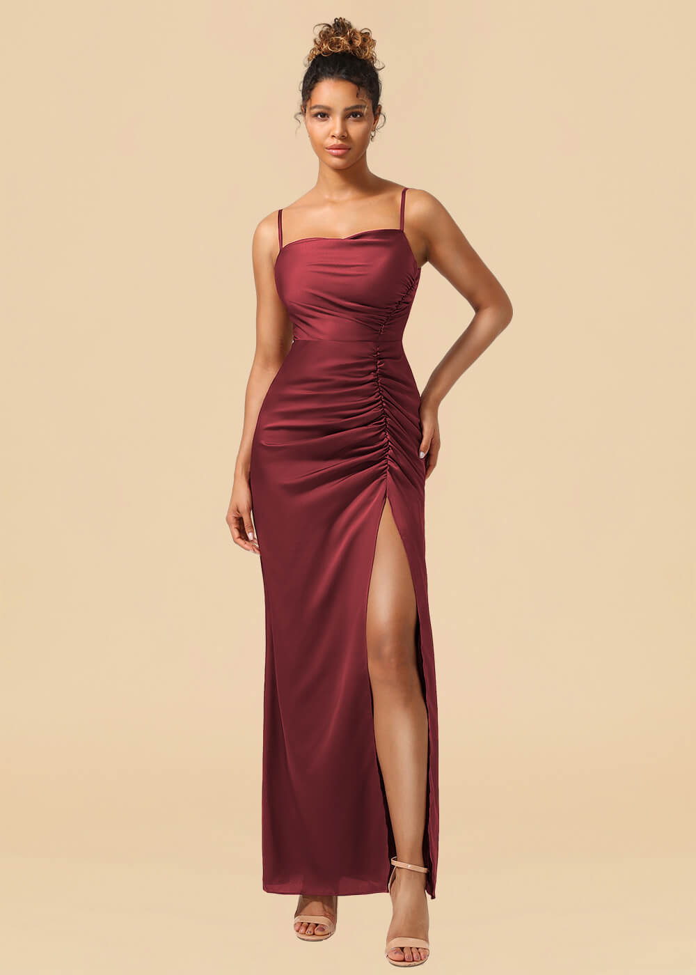 Sheath Satin Pleated Adjustable Spaghatti Strap Maxi Bridesmaid Dress