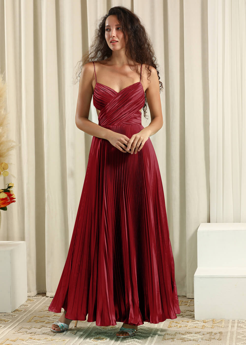 Pleated Satin V-neck Spaghetti Strap A-line Bridesmaid Dress
