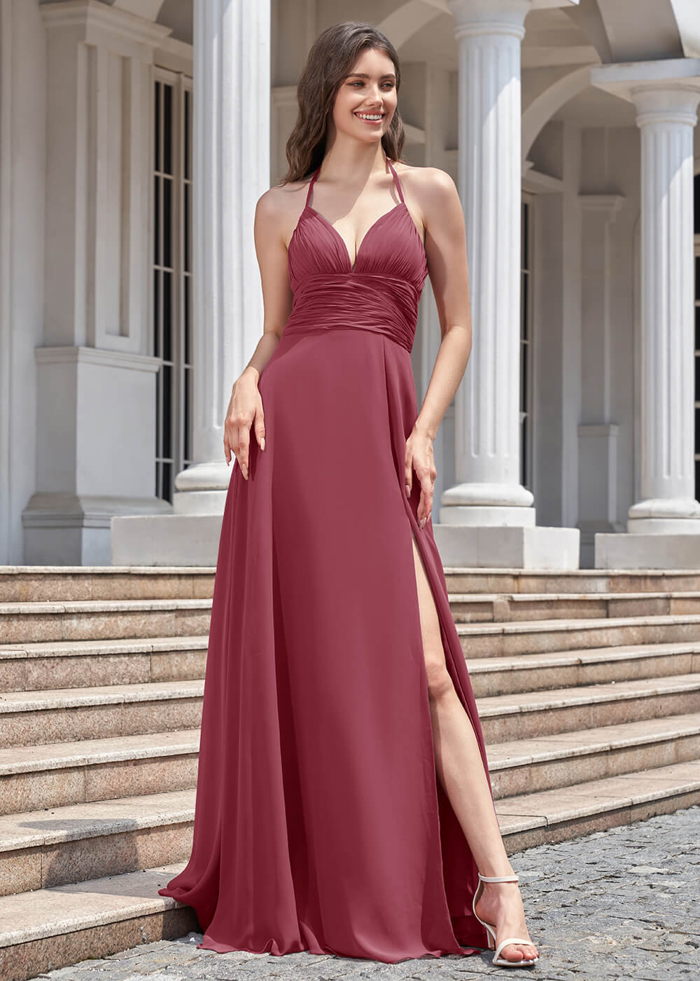 Deep V Halter Neck Pleated A-line Chiffon Long Bridesmaid Dress