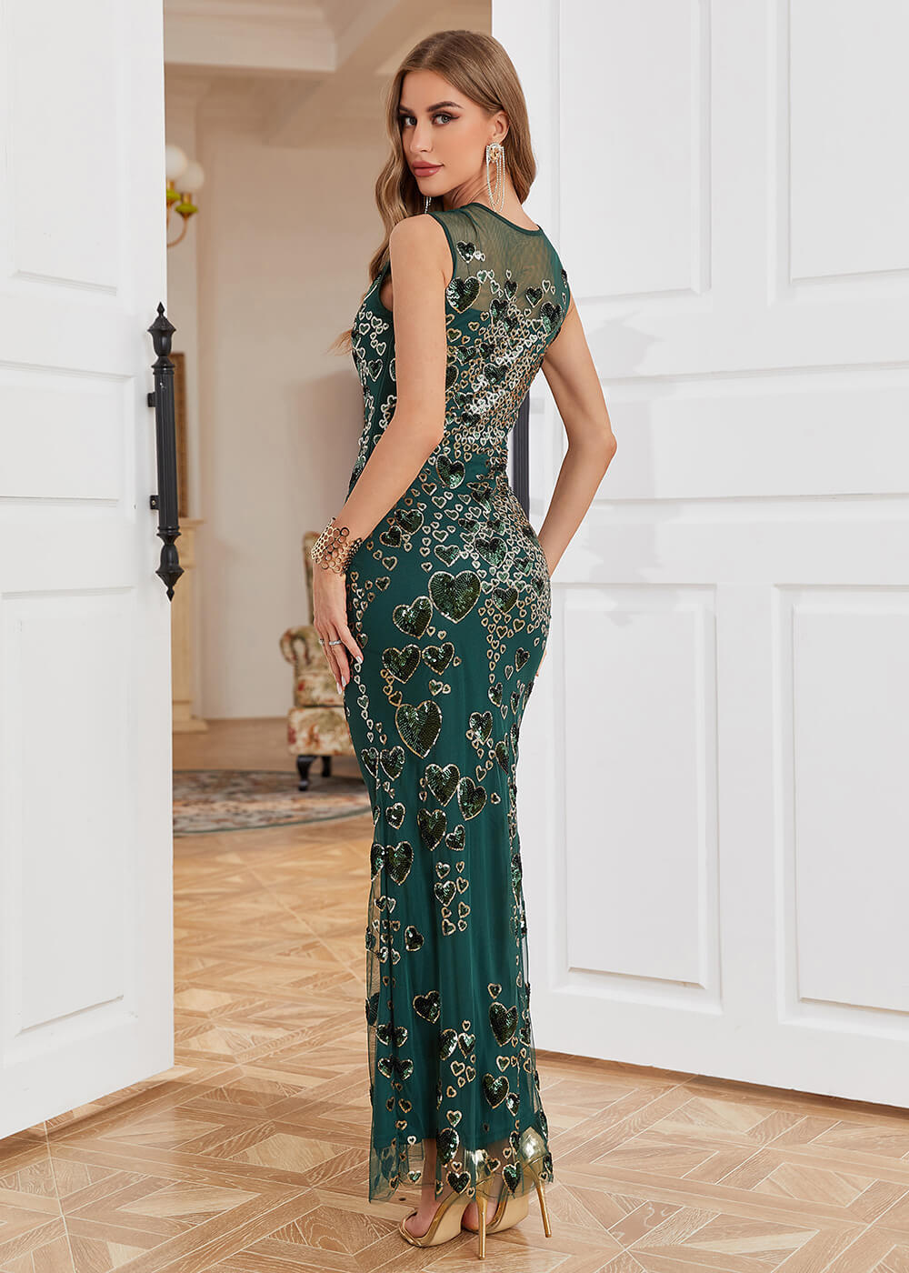 Sheath Round Neck Sequin Heart Pattern Long Mom of the Bride Dress