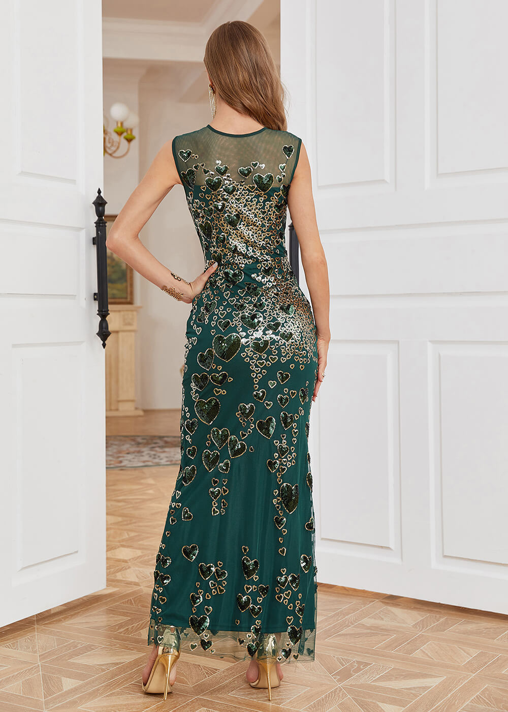 Sheath Round Neck Sequin Heart Pattern Long Mom of the Bride Dress