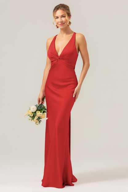 Pink Front Twist Mermaid V Neck Satin Bridesmaid Dress