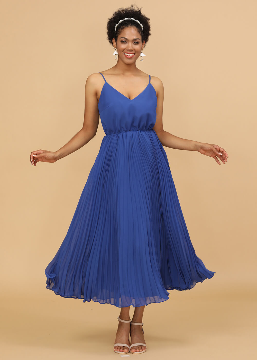 V-neck Spaghetti Strap Tea Length A-line Chiffon Bridesmaid Dress