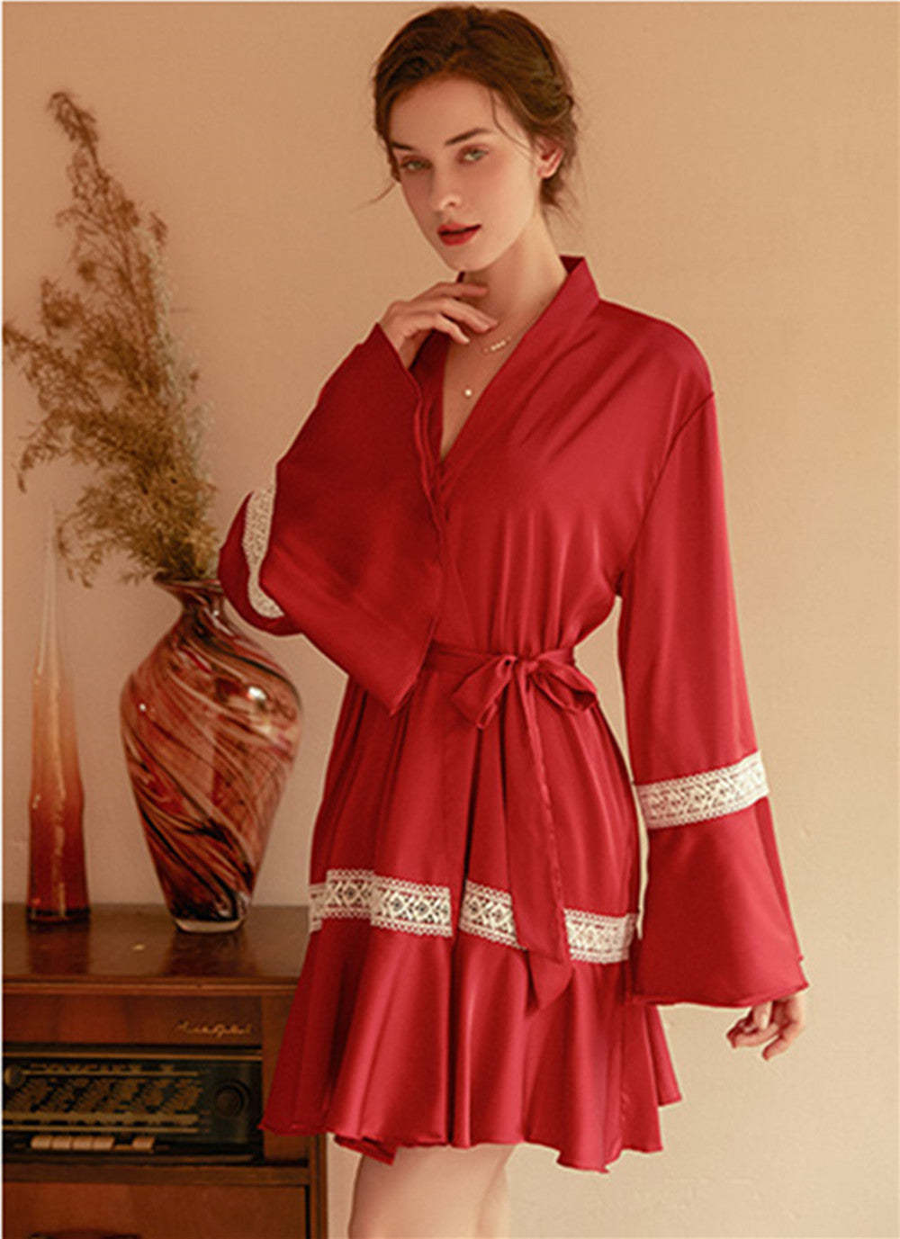 Satin Long Sleeve Bride Robe Ruffles Wedding Dress