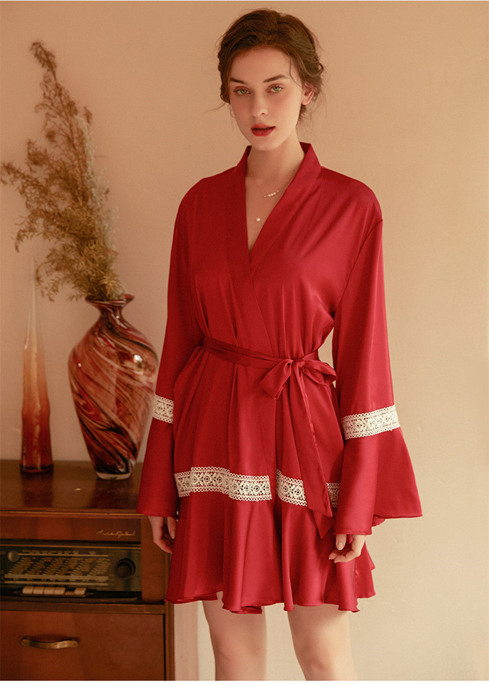 Satin Long Sleeve Bride Robe Ruffles Wedding Dress