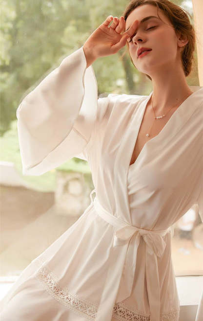 Satin Long Sleeve Bride Robe Ruffles Wedding Dress