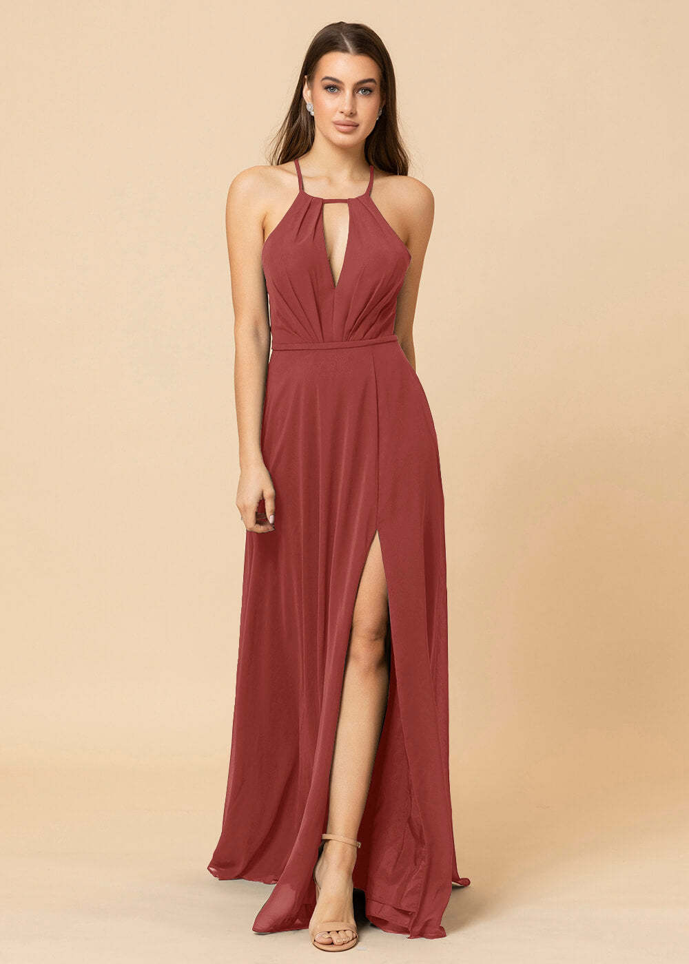 Halter Neck Chiffon Floor Length Bridesmaid Dress