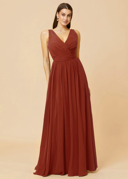 V-neck Pleated Tie Back Chiffon Bridesmaid Dress