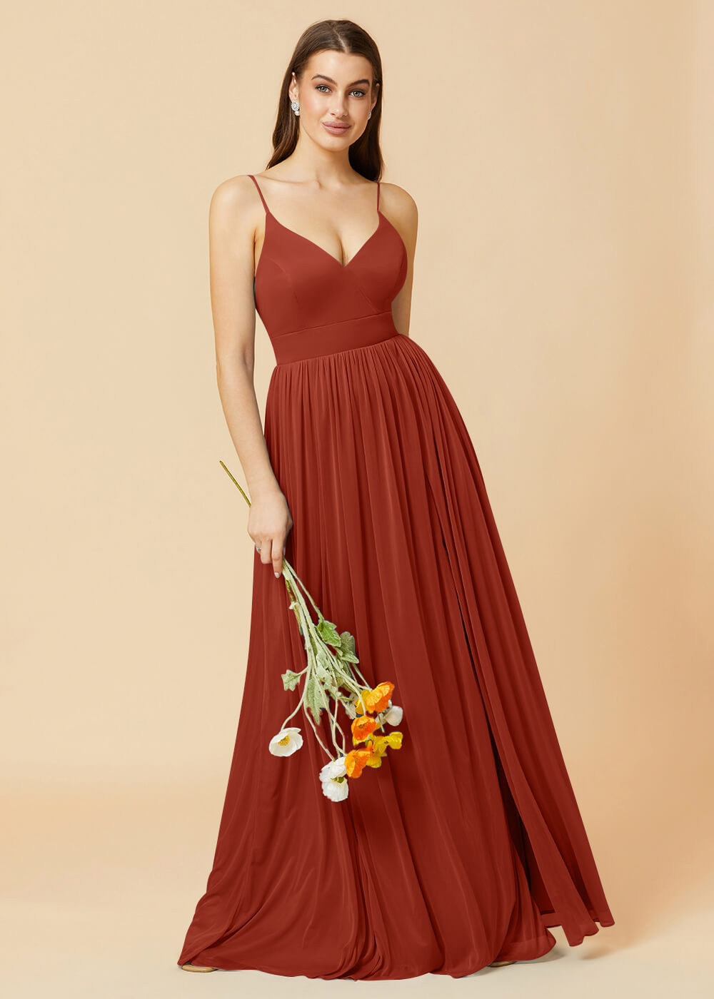 V-neck Spaghetti Strap Open Back Chiffon Bridesmaid Dress With Slit