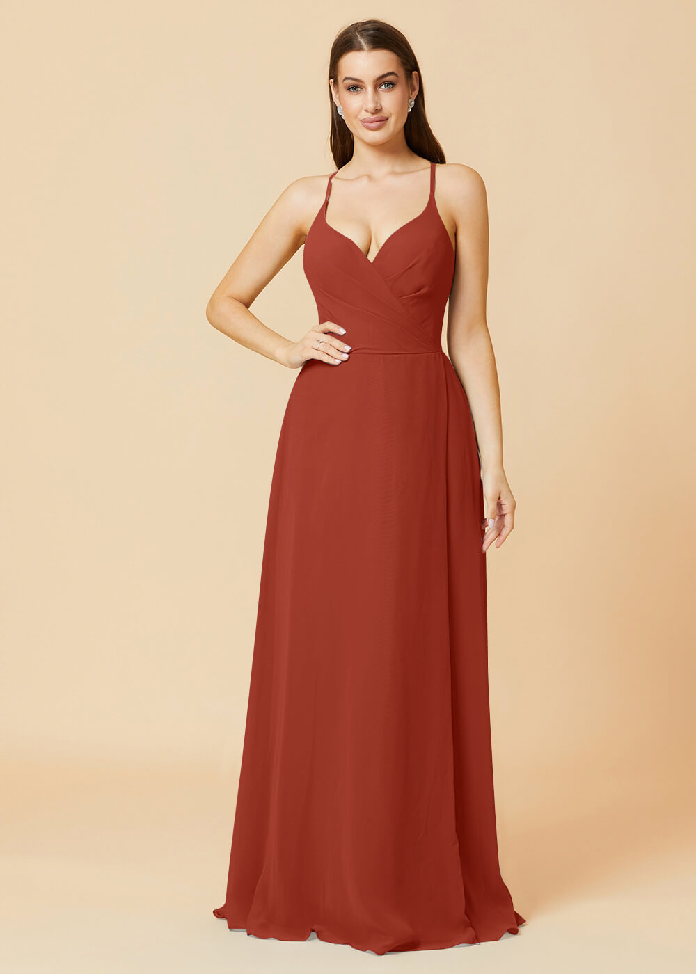 V-neck Spaghetti Strap Button Back Chiffon Bridesmaid Dress