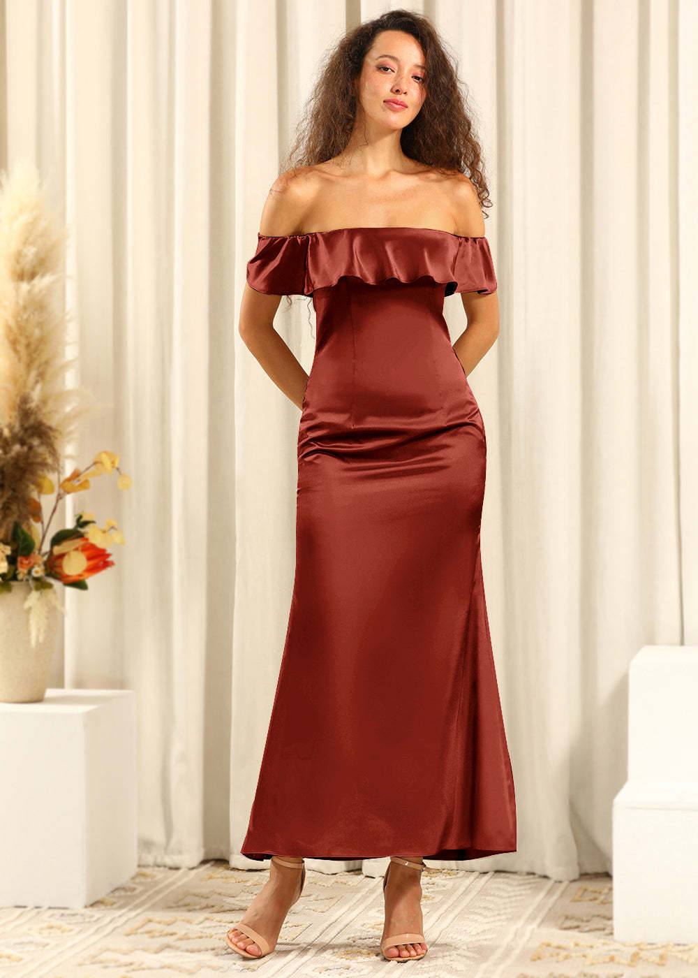 Off The Shoulder Ankle Length Satin Sheath Bridesmaid Dress
