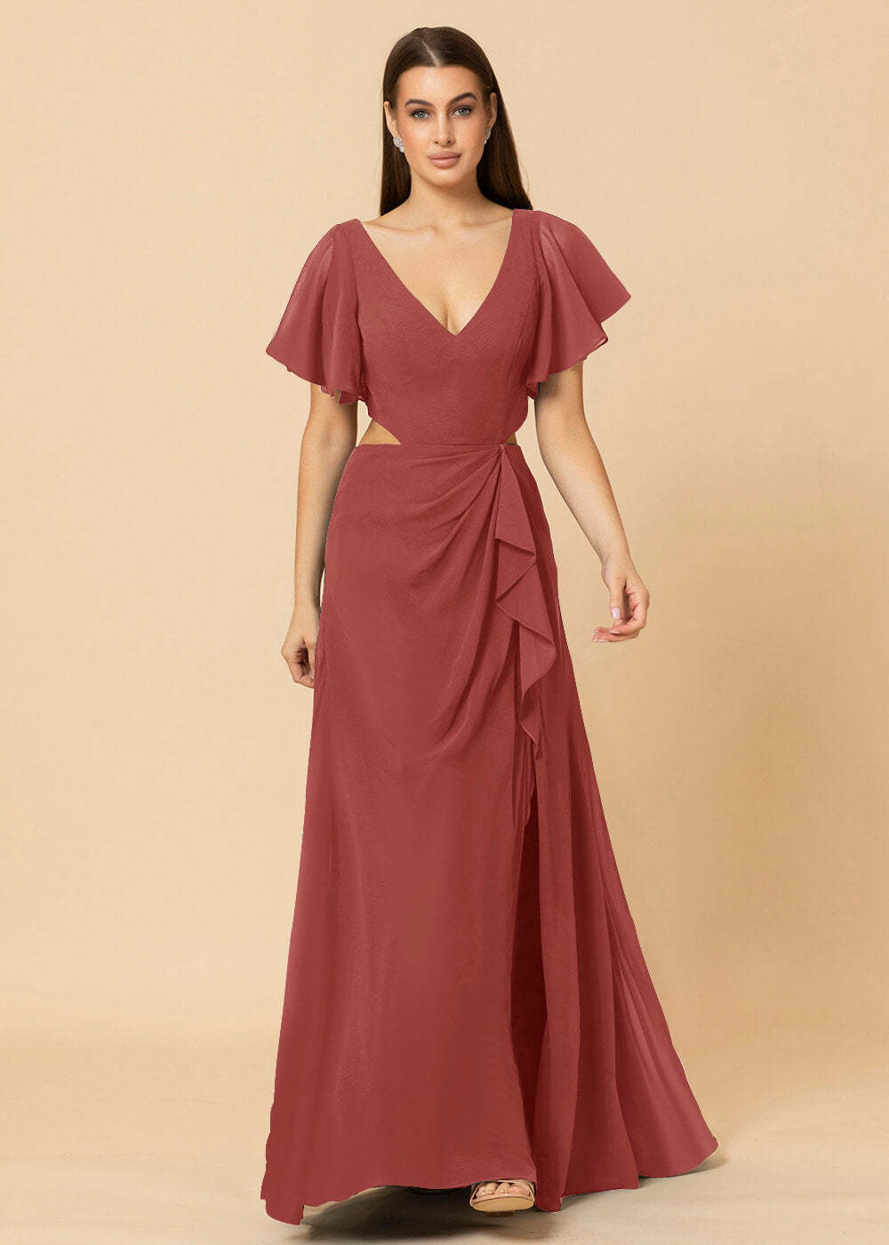 V-neck Waist Cut Out Floor Length Bridesmaid Dress
