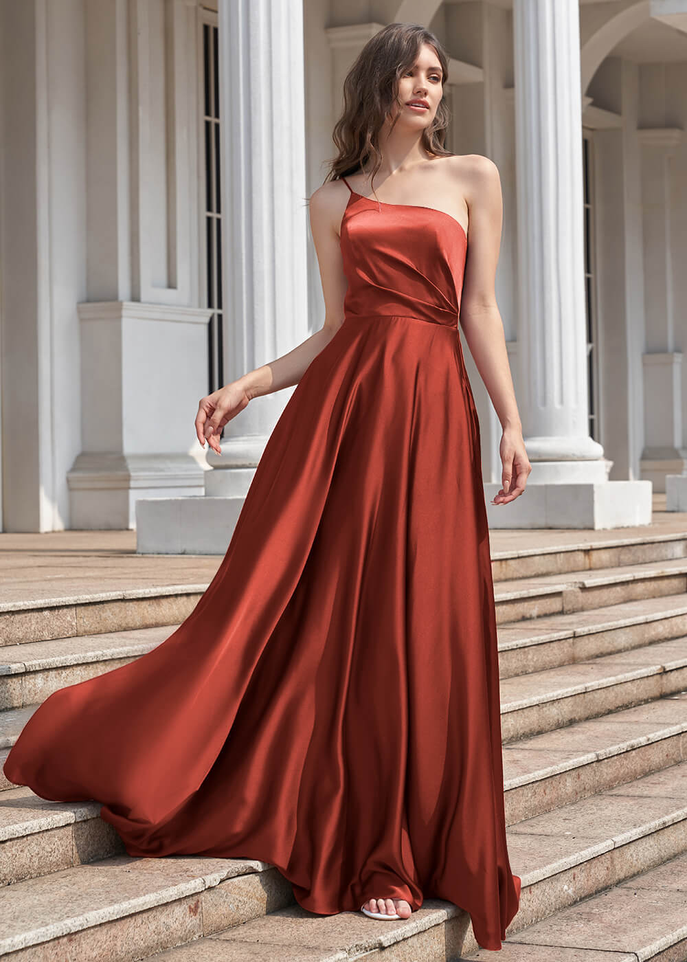 A-line Long One Shoulder Pleated Satin Bridesmaid Dress