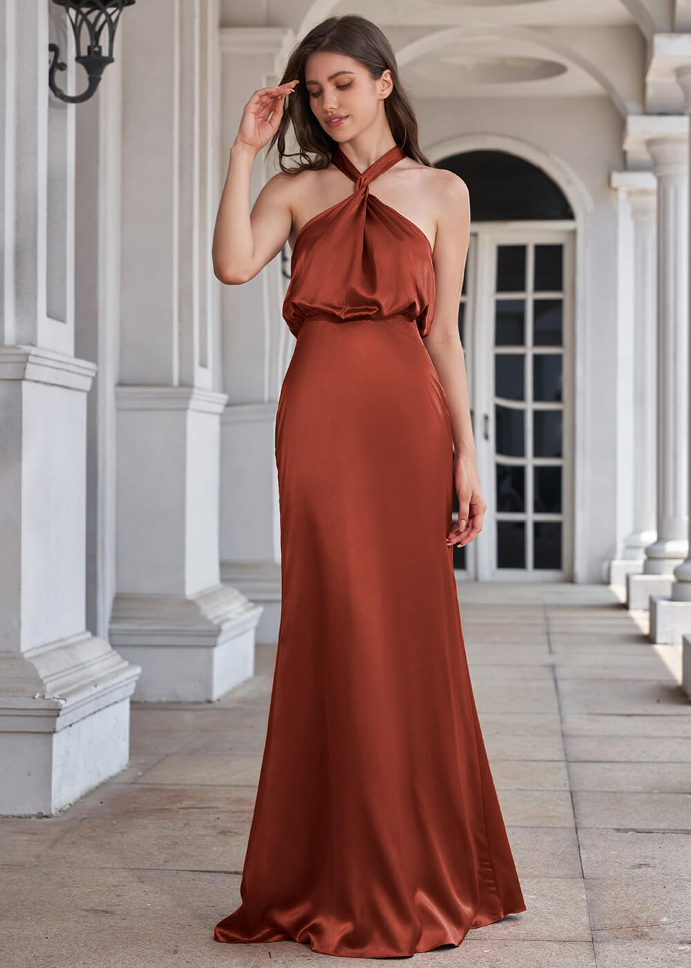 Halter Neck Sheath Satin Floor Length Bridesmaid Dress