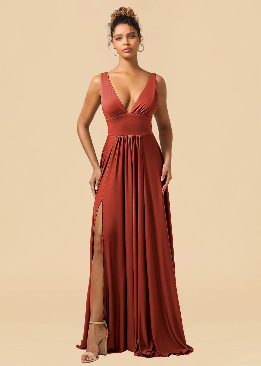 Deep V-neck Spandex A-line Maxi Bridesmaid Dress with Slit