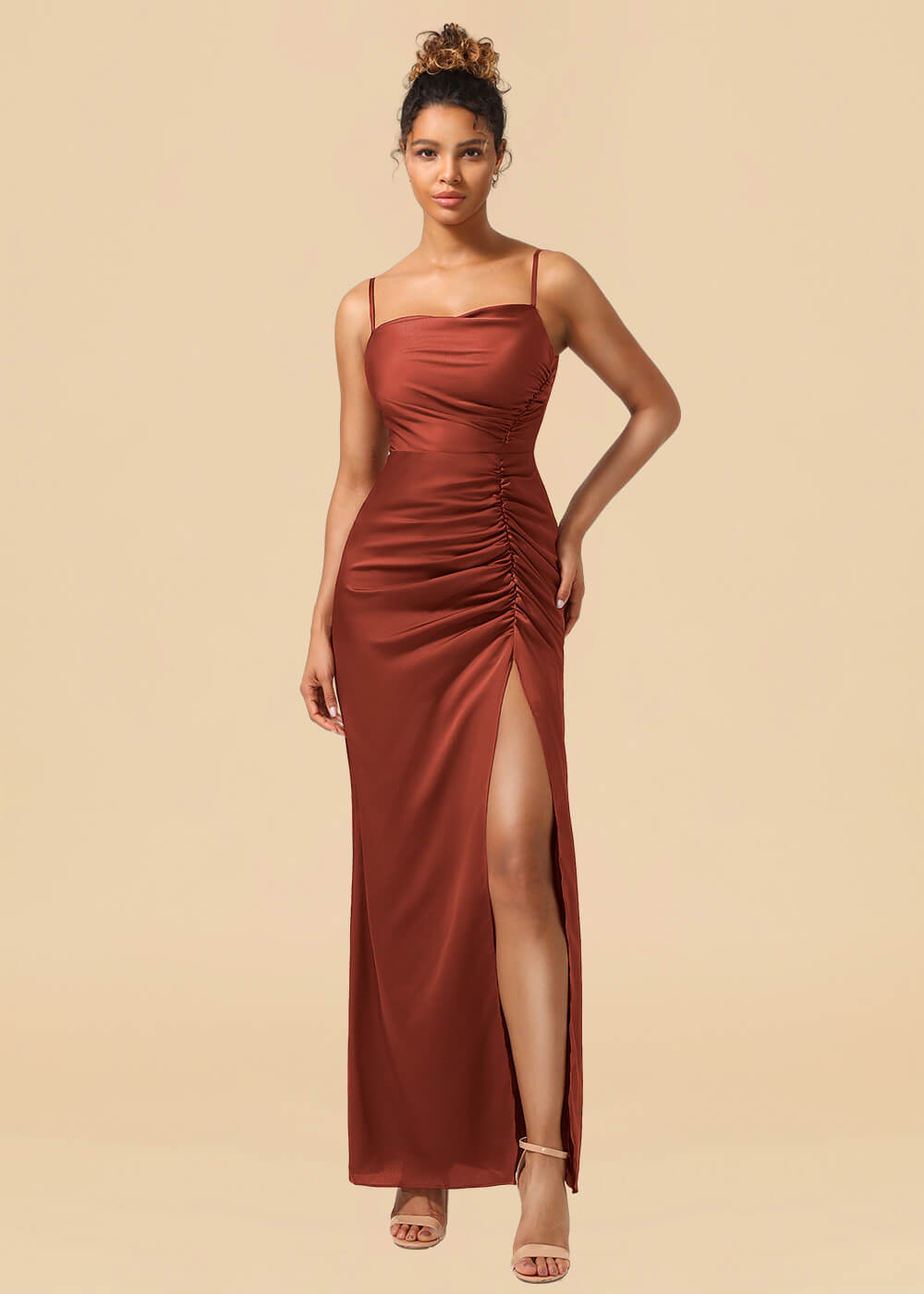 Sheath Satin Pleated Adjustable Spaghatti Strap Maxi Bridesmaid Dress