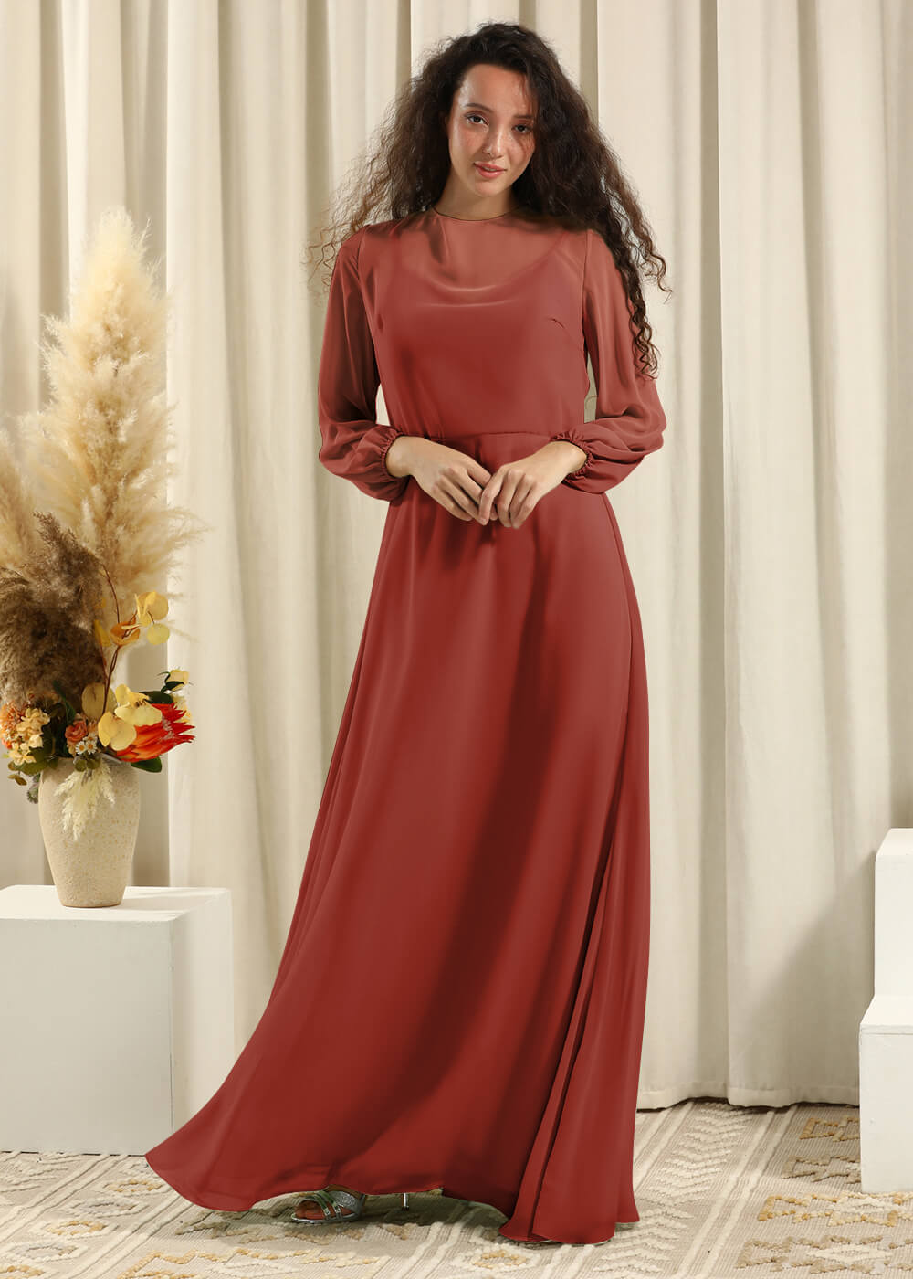 Long Sleeve A-line Chiffon Keyhole Back Bridesmaid Dress