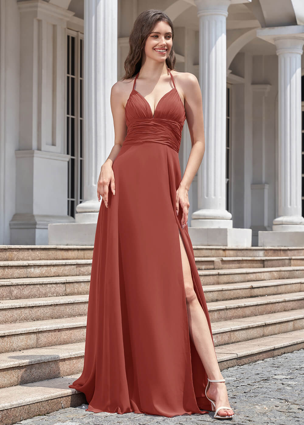 Deep V Halter Neck Pleated A-line Chiffon Long Bridesmaid Dress