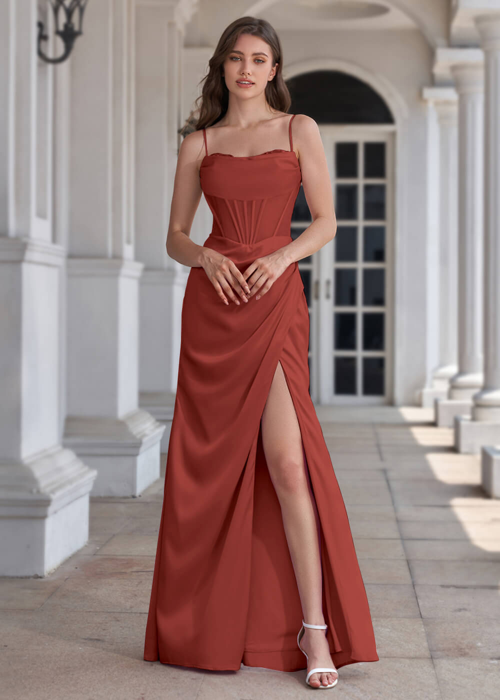 Spaghetti Strap Corset Crepe Sheath Floor Length Bridesmaid Dress