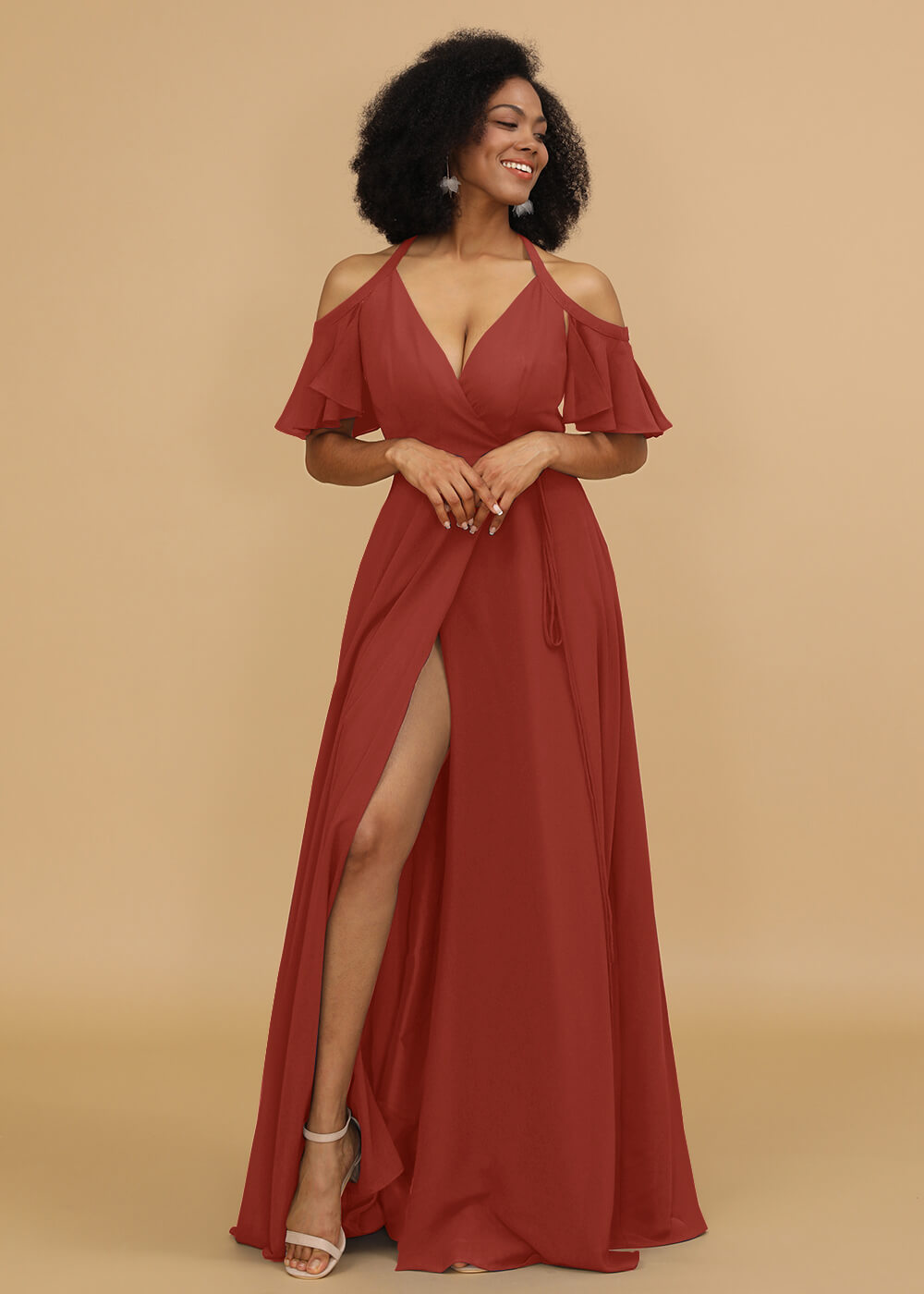 Ruffles Sleeves A-line Wrap Bridesmaid Dress
