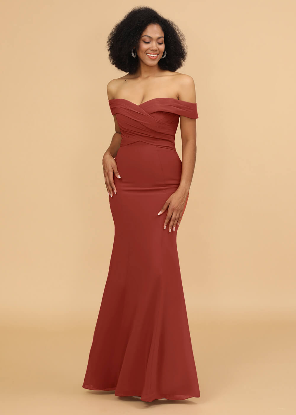 Off the Shoulder Trumpet Chiffon Bridesmaid Dress
