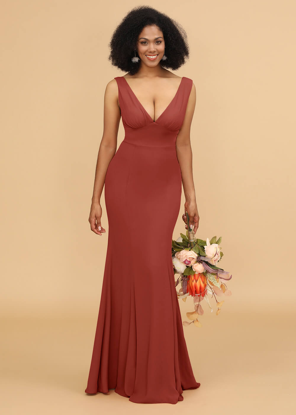 V-neck Trumpet Long Bridesmaid Dress