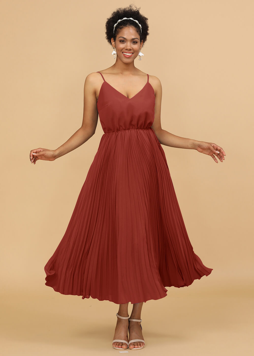 V-neck Spaghetti Strap Tea Length Bridesmaid Dress