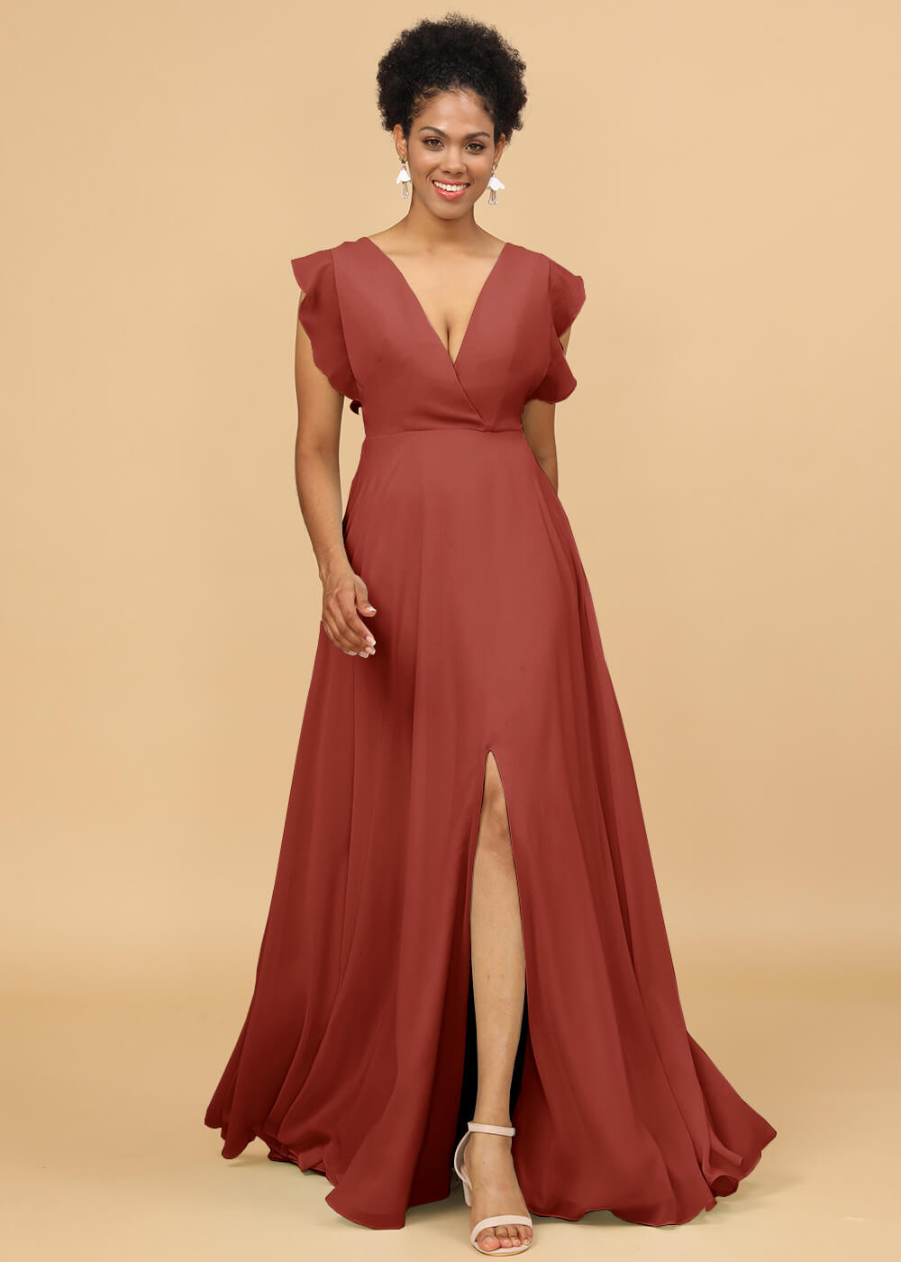 V-neck Ruffles Cap Sleeve Chiffon Bridesmaid Dress