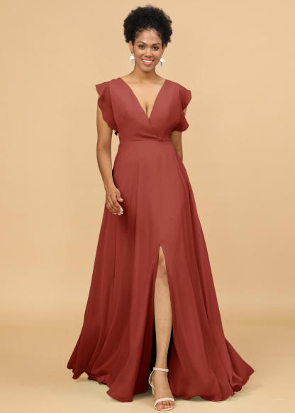 V-neck Ruffles Cap Sleeve Chiffon Bridesmaid Dress