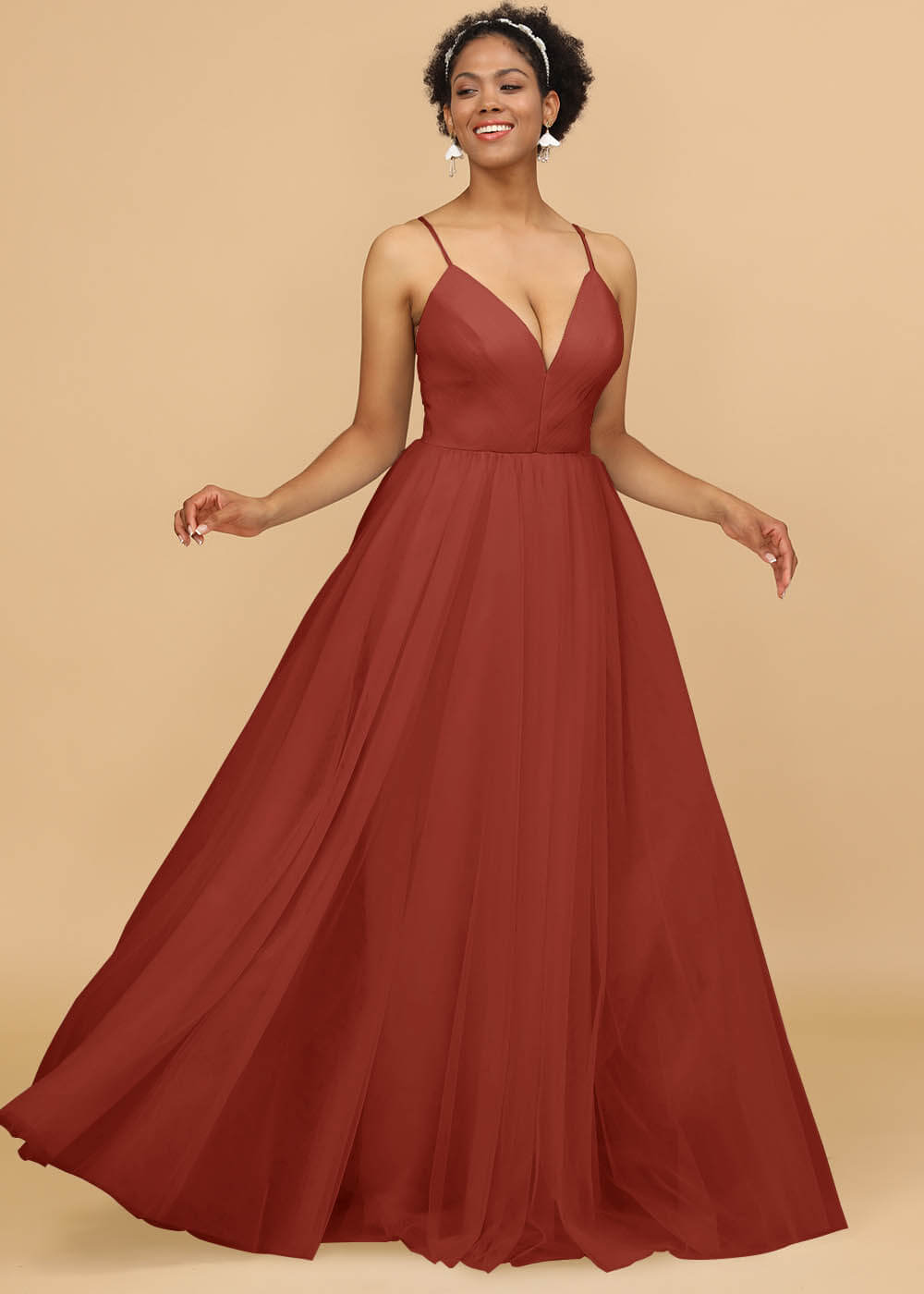 Deep V-neck Strap Tulle Bridesmaid Dress