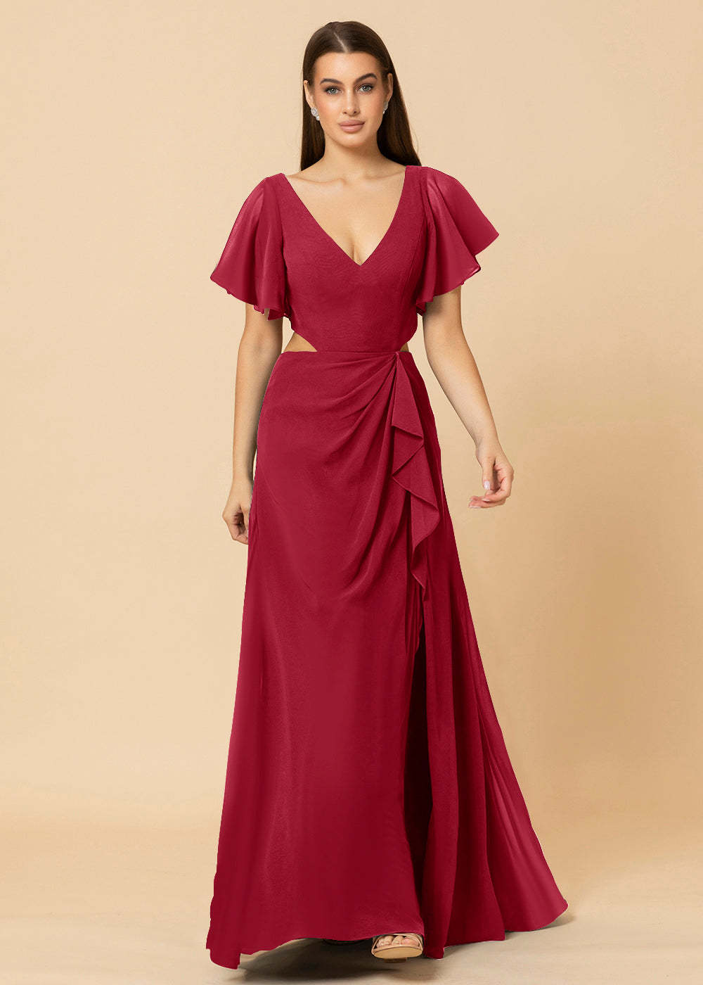 V-neck Waist Cut Out Floor Length Bridesmaid Dress