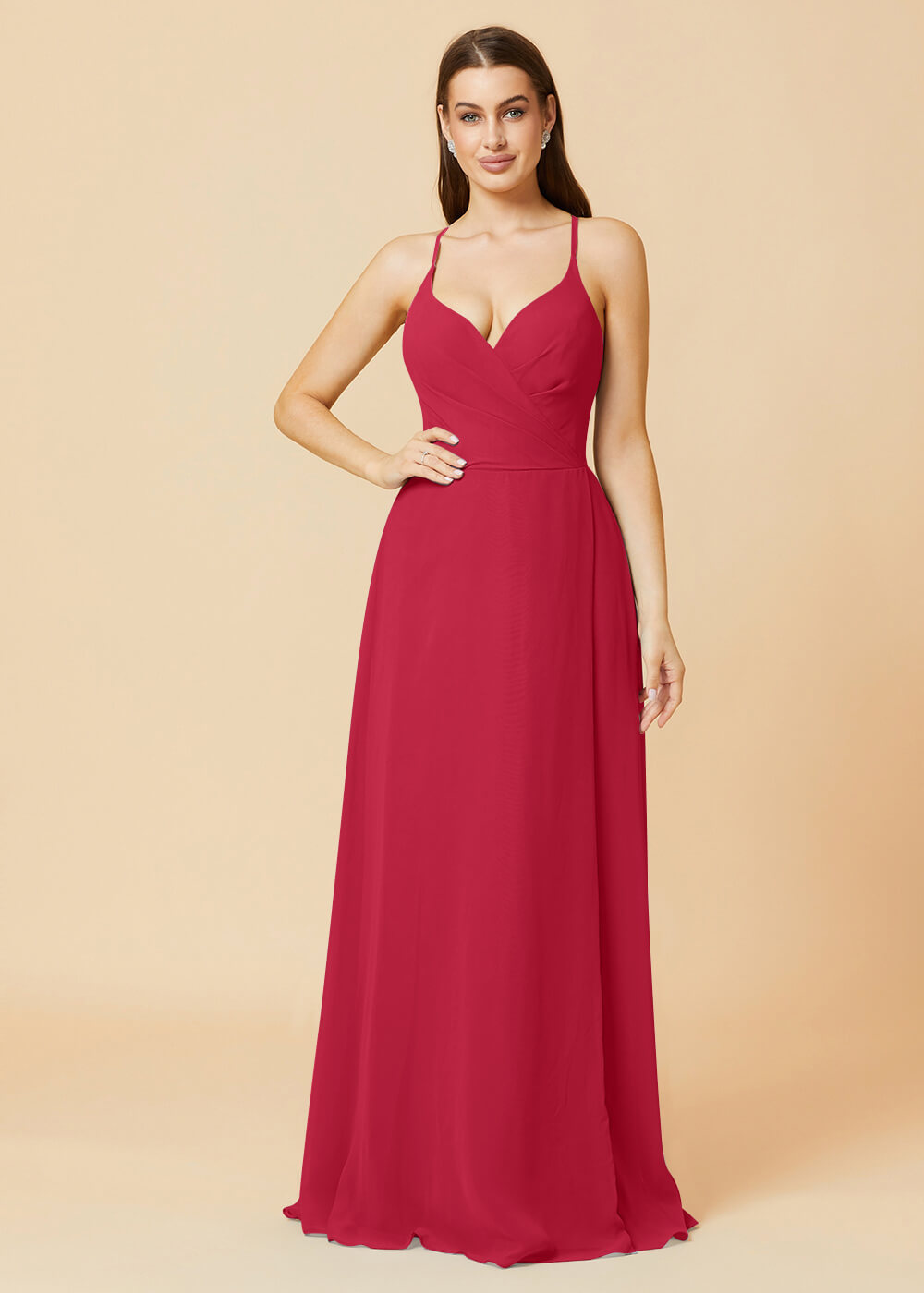 V-neck Spaghetti Strap Button Back Chiffon Bridesmaid Dress