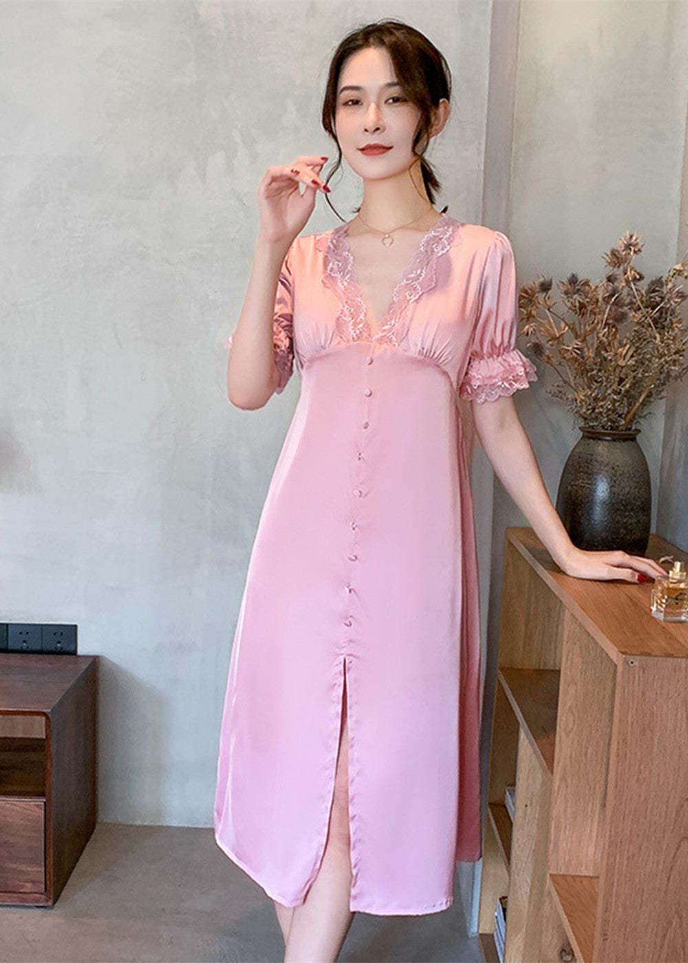 Short Sleeve Lace Trim Sleeping Robe