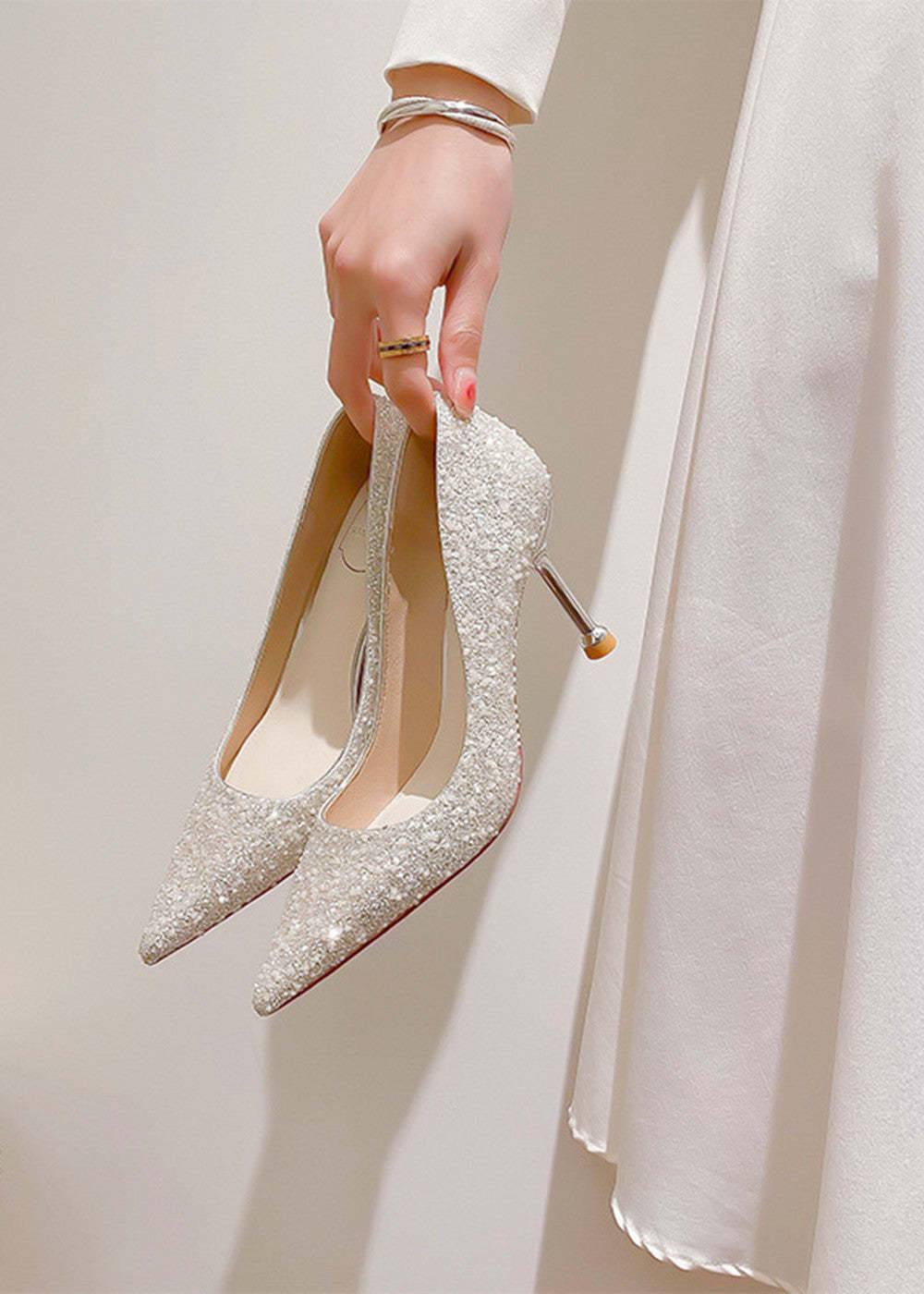 Silver Glitter High Heel Pumps Wedding Shoes