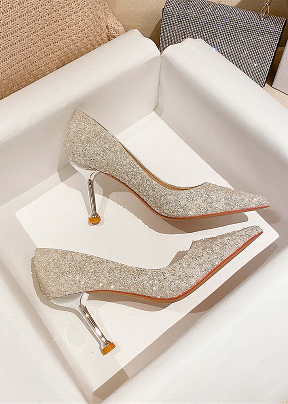 Silver Glitter High Heel Pumps Wedding Shoes