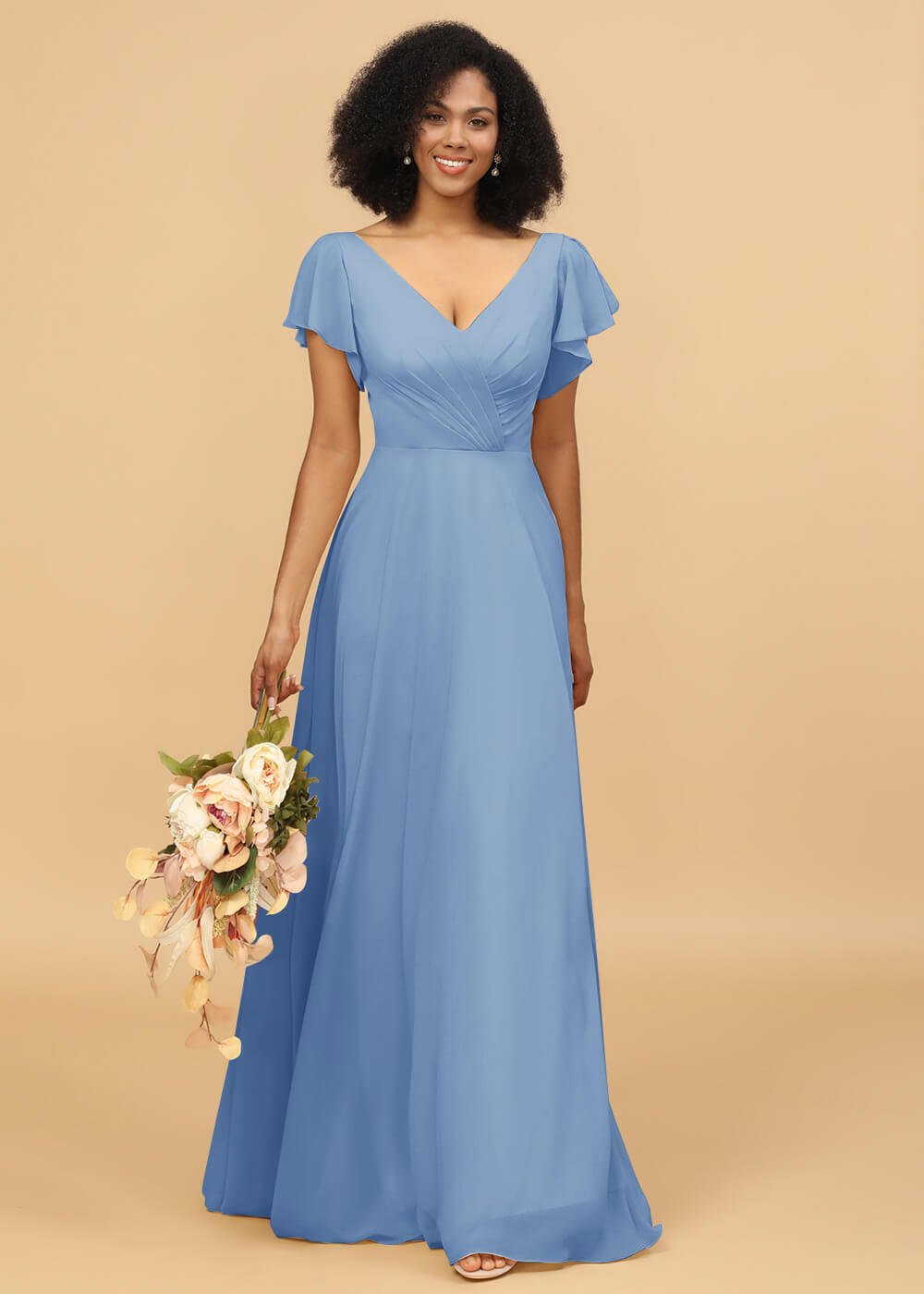 Long A-line Chiffon V-neck Bridesmaid Dress with Ruffles Sleeves