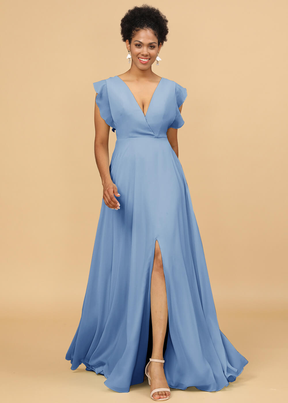 V-neck Ruffles Cap Sleeve Chiffon Bridesmaid Dress