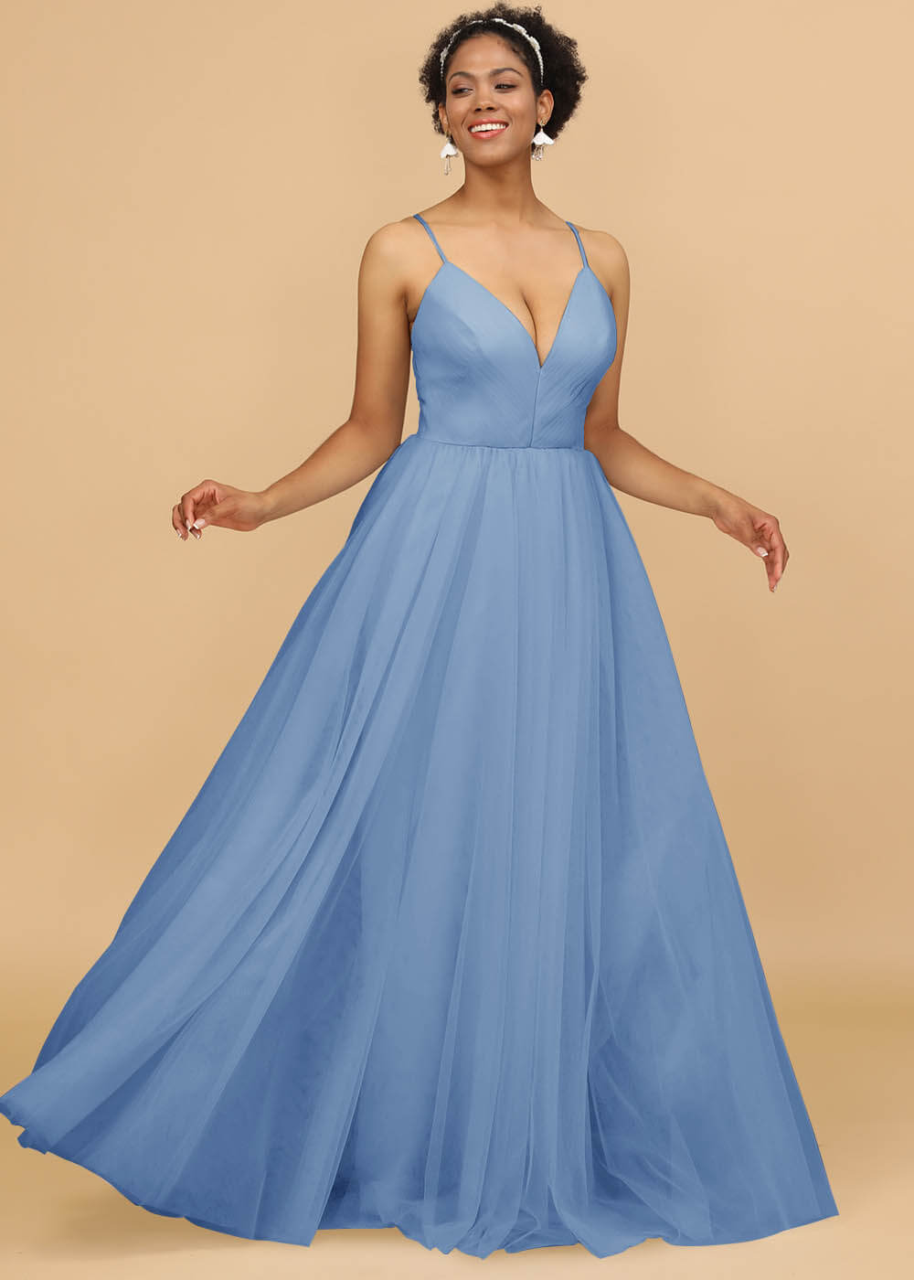 Deep V-neck Strap Tulle Bridesmaid Dress