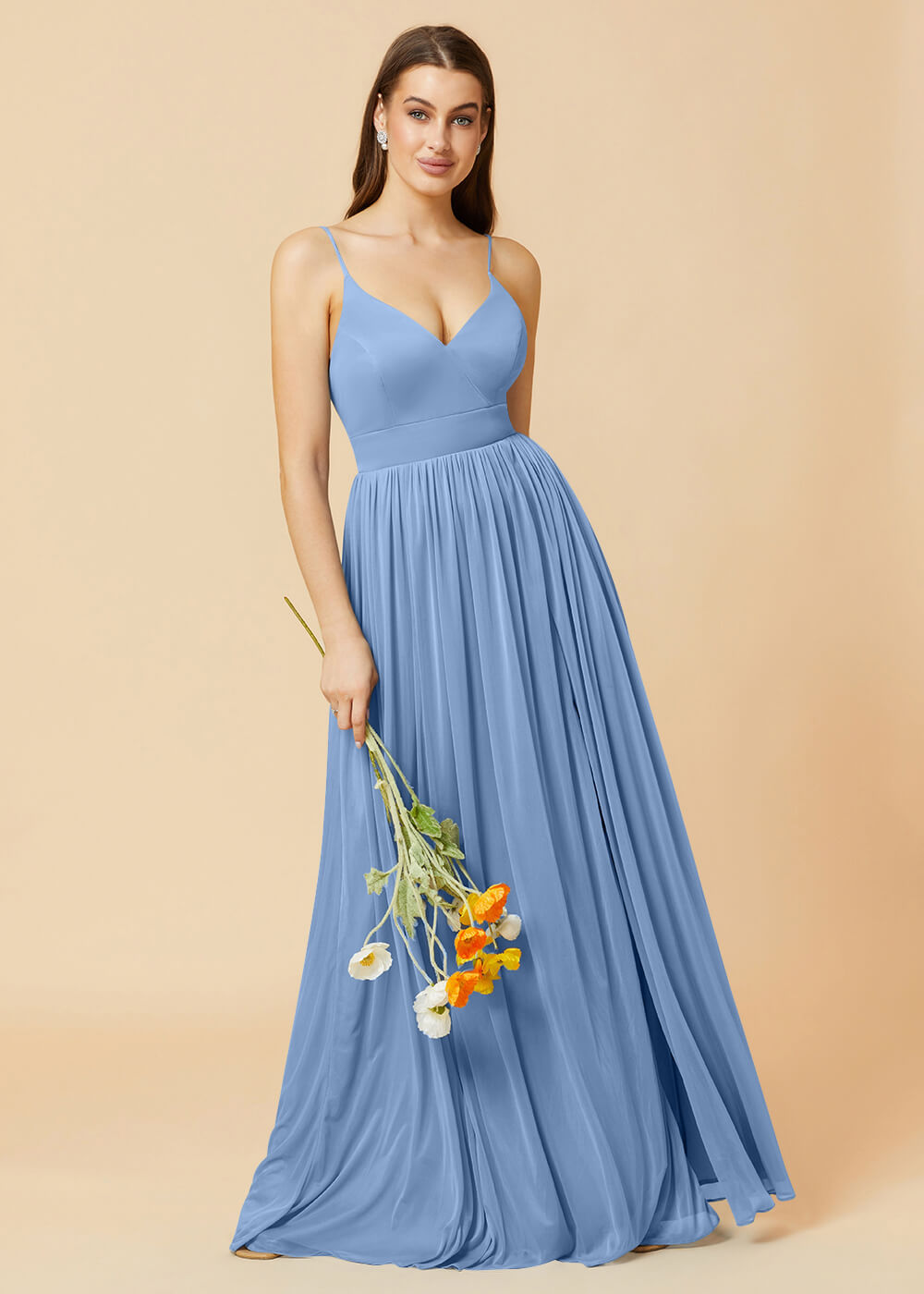 V-neck Spaghetti Strap Open Back Chiffon Bridesmaid Dress