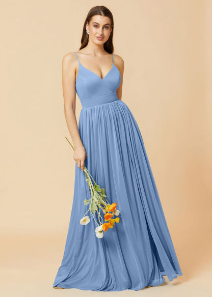 V-neck Spaghetti Strap Open Back Chiffon Bridesmaid Dress