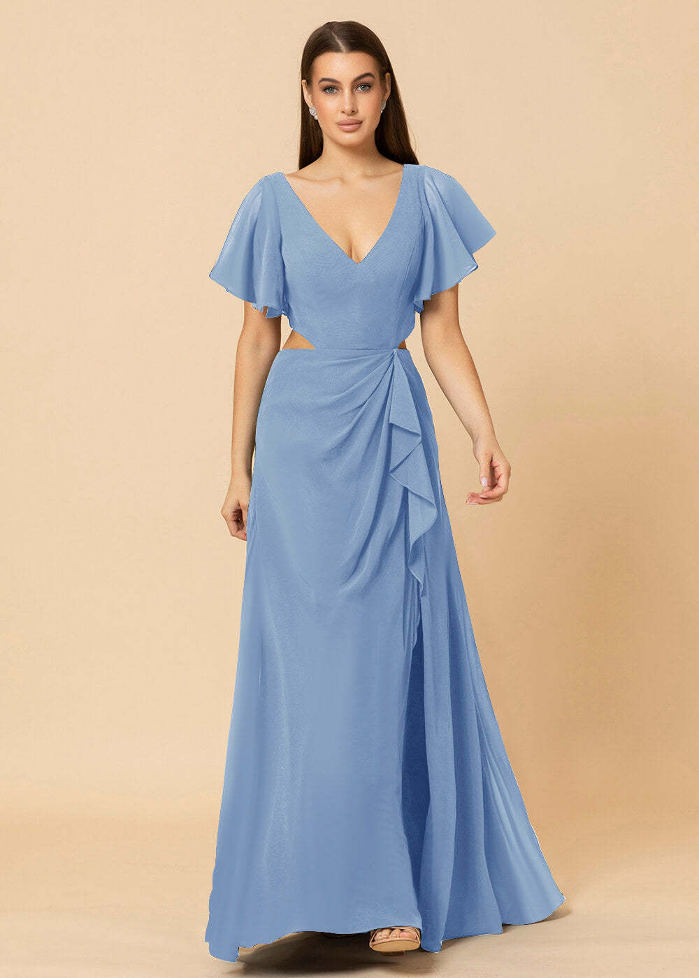 V-neck Waist Cut Out Floor Length Bridesmaid Dress