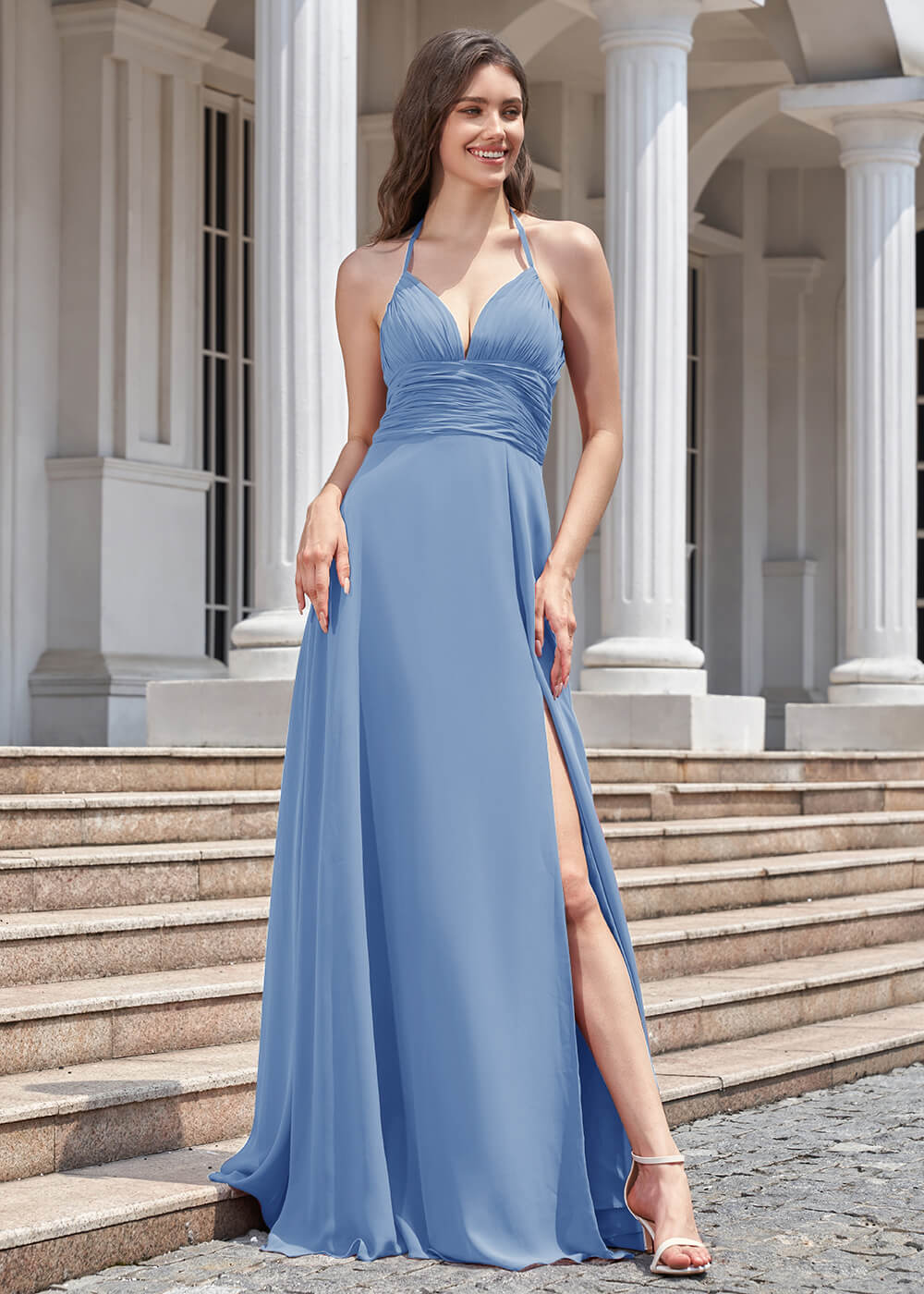 Deep V Halter Neck Pleated A-line Chiffon Long Bridesmaid Dress