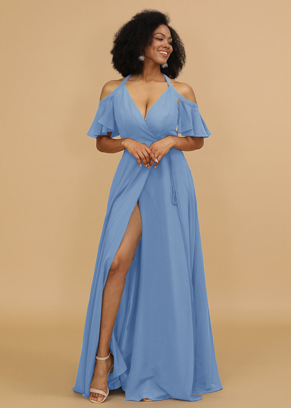 Ruffles Sleeves A-line Wrap Bridesmaid Dress