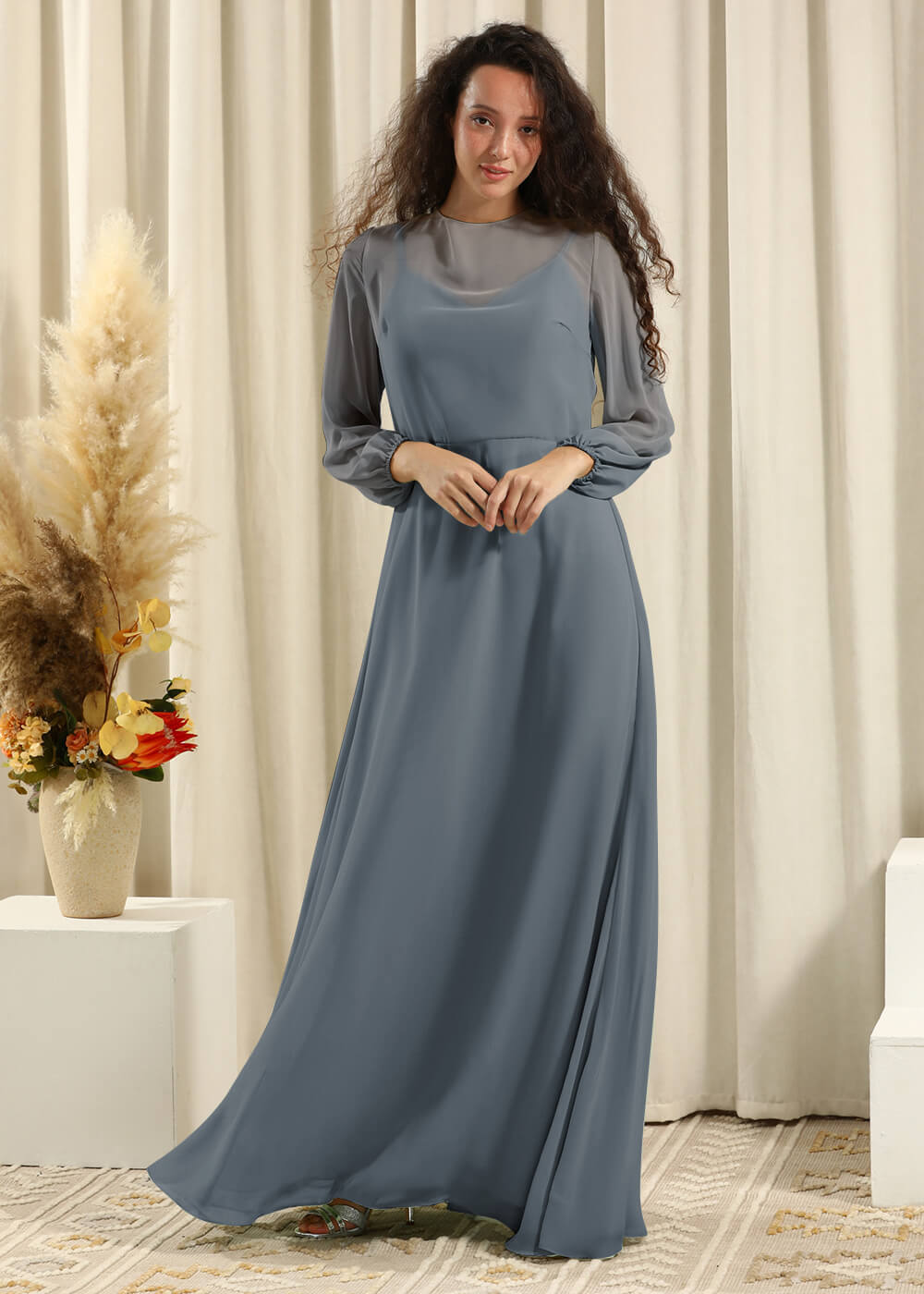 Long Sleeve A-line Chiffon Keyhole Back Bridesmaid Dress