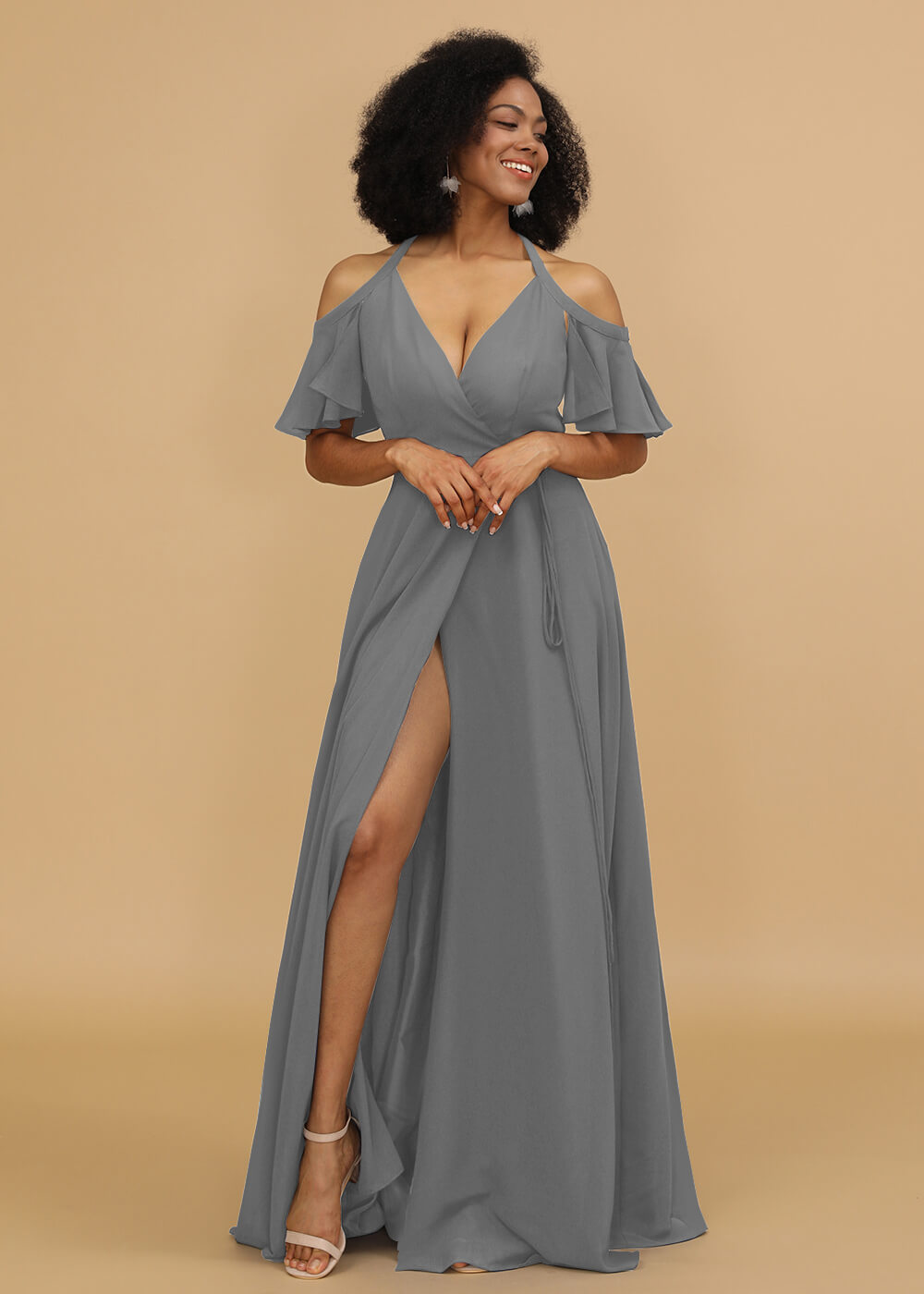 Ruffles Sleeves A-line Wrap Bridesmaid Dress
