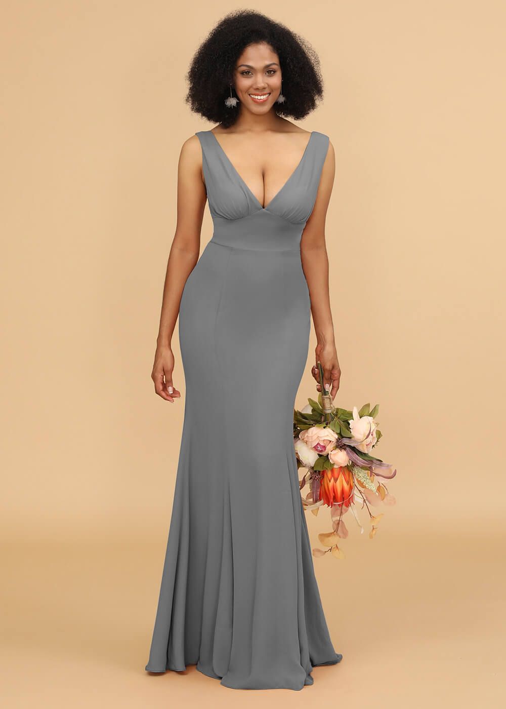 V-neck Trumpet Long Bridesmaid Dress